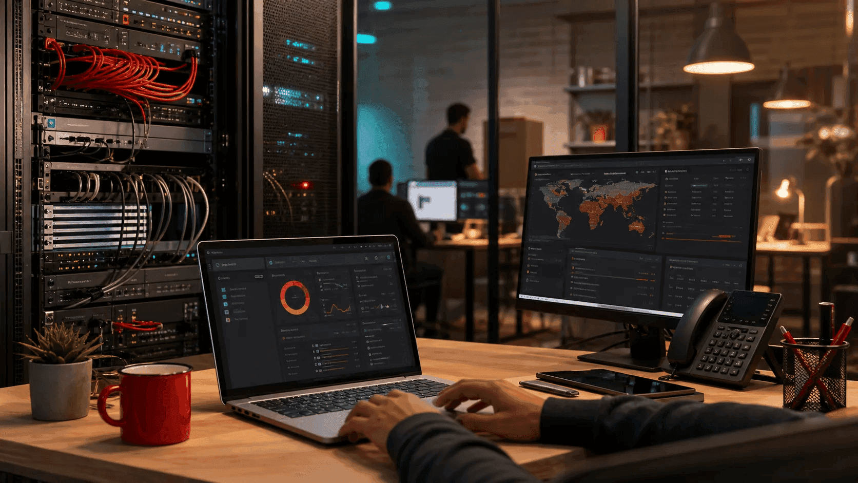 Managed IT workspace with network equipment and monitoring dashboards